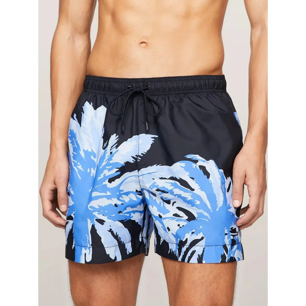 Tommy Hilfiger Swim Trunks Men Large Navy Tropical Print Drawstring Waist FTS940